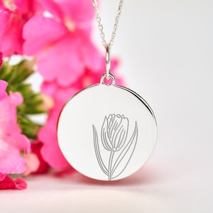 Sterling Silver Tulip Necklace • Engraved Tulip Disc • Dainty Floral Pendant • Personalized Gift • Free Back Engraving