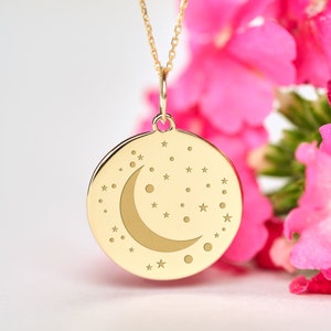 14k Solid Gold  Moon And Stars Necklace • Personalized Celestial Pendant • Dainty Crescent Moon Stars Charm