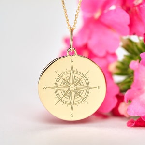 14k Solid Gold Compass Necklace • Personalized Nautical Pendant • Dainty Compass Charm