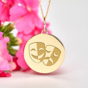 14k Solid Gold theatre symbol masks Necklace • Personalized Comedy and tragedy Pendant • Dainty actress graduation Charm