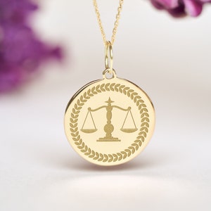 14k Solid Gold Scale of Justice Necklace • Custom Law Graduate Gift • Dainty Legal Charm for Lawyer