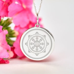 Sterling Silver Dharmachakra Necklace • Personalized  Dharma Chakra Pendant • Dainty wheel of dharma Charm