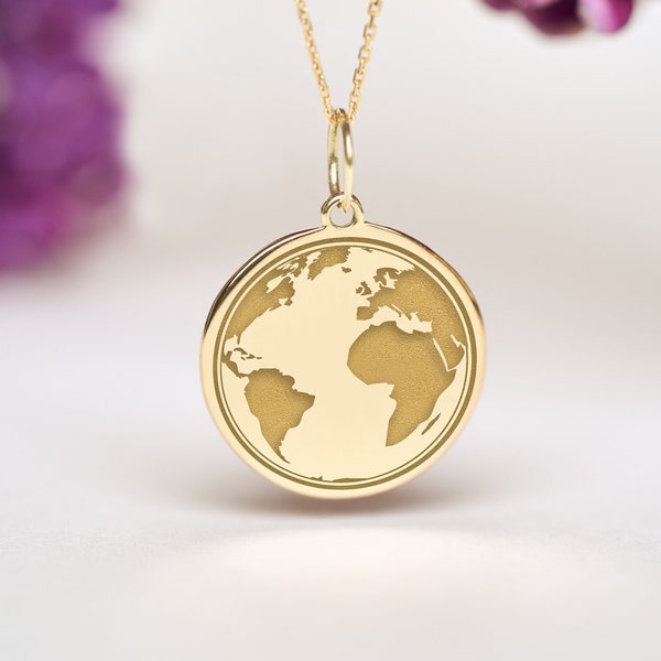 14k Solid Gold Globe Necklace • Personalized Earth Map Pendant • Dainty World Map Charm