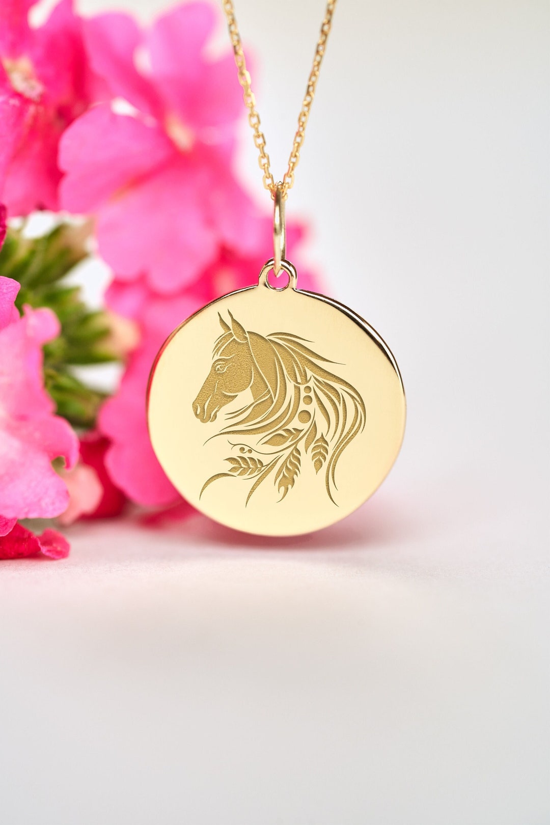 14k Solid Gold Horse Necklace Personalized Horse Pendant Dainty Floral