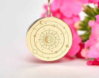 14k Solid Gold Moon Phase Necklace • Celestial Sun Pendant