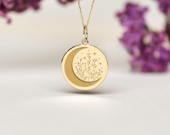 14k Gold Moon & Flowers Necklace • Personalized Celestial Pendant