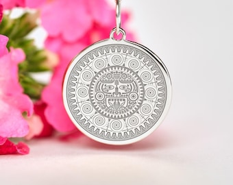 Mayan Sun Calendar Necklace • Personalized Aztec Pendant • Sterling Silver
