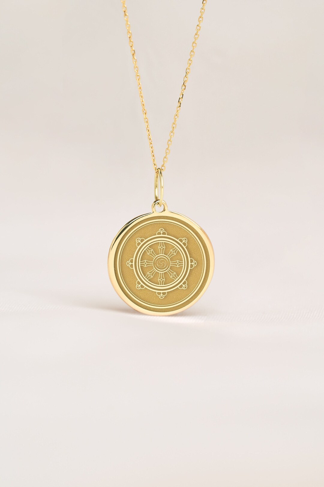 14k Solid Gold Dharma Chakra Necklace Personalized Dharma Chakra