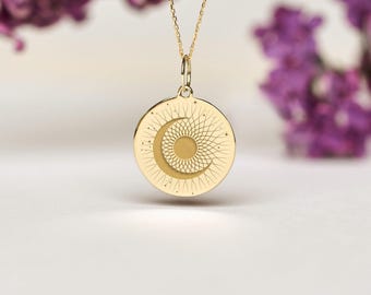 14k Gold Moon and Sun Necklace • Personalized Celestial Pendant