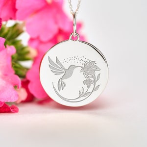 Hummingbird Necklace Sterling Silver • Dainty Bird Disc • Nature Pendant • Personalized Back Engraving