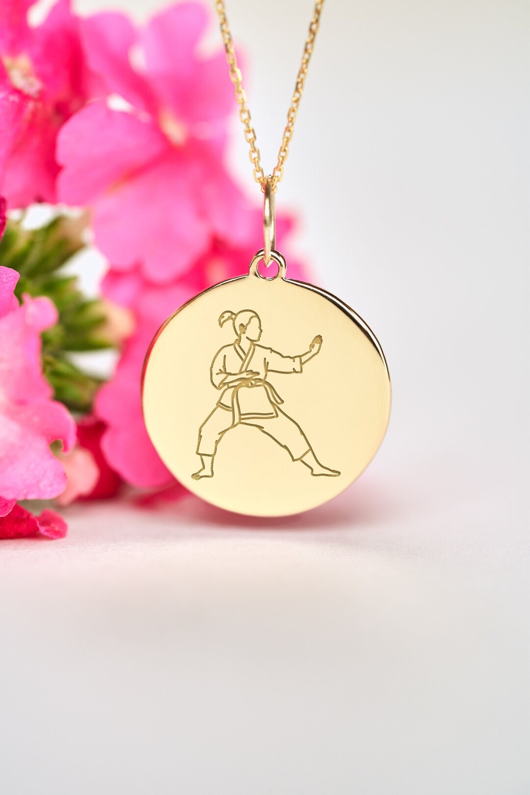 14k Solid Gold Karate Necklace Personalized Karateka Pendant Dainty