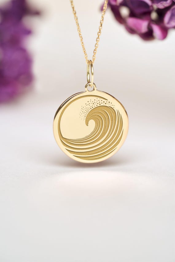 14k Solid Gold Wave Necklace • Personalized Surfer Gift • Ocean Pendant