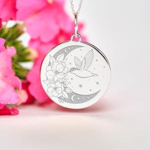 Sterling Silver Hummingbird Necklace • Dainty Personalized Bird pendant • Custom engraved Colibri charm