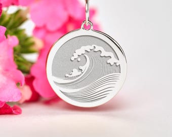 Wave Pendant • Personalized Surfer Necklace • Sterling Silver Ocean Jewelry