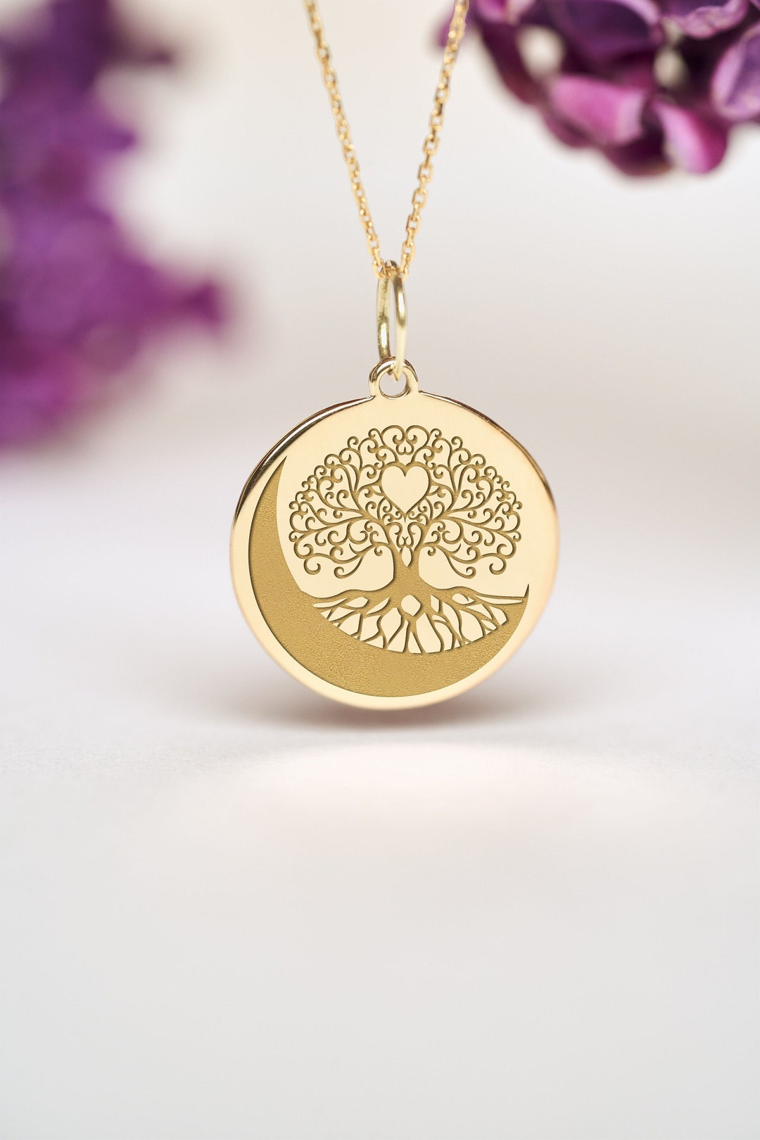 14k Solid Gold Tree of Life Necklace • Personalised Botanical Disc ...