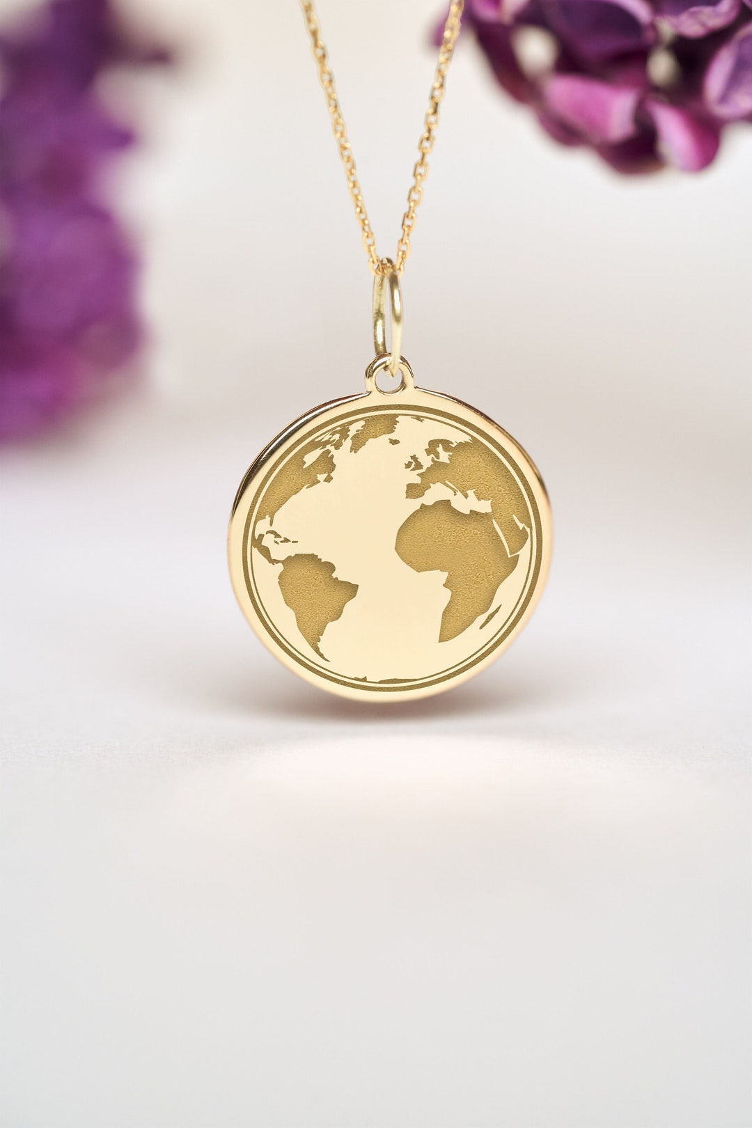 14k Solid Gold Globe Necklace Personalized Earth Map Pendant Dainty World Map Charm Etsy