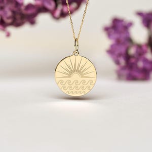 14k Solid Gold Sunshine Necklace • Personalized Sunset Pendant • Sun & Waves