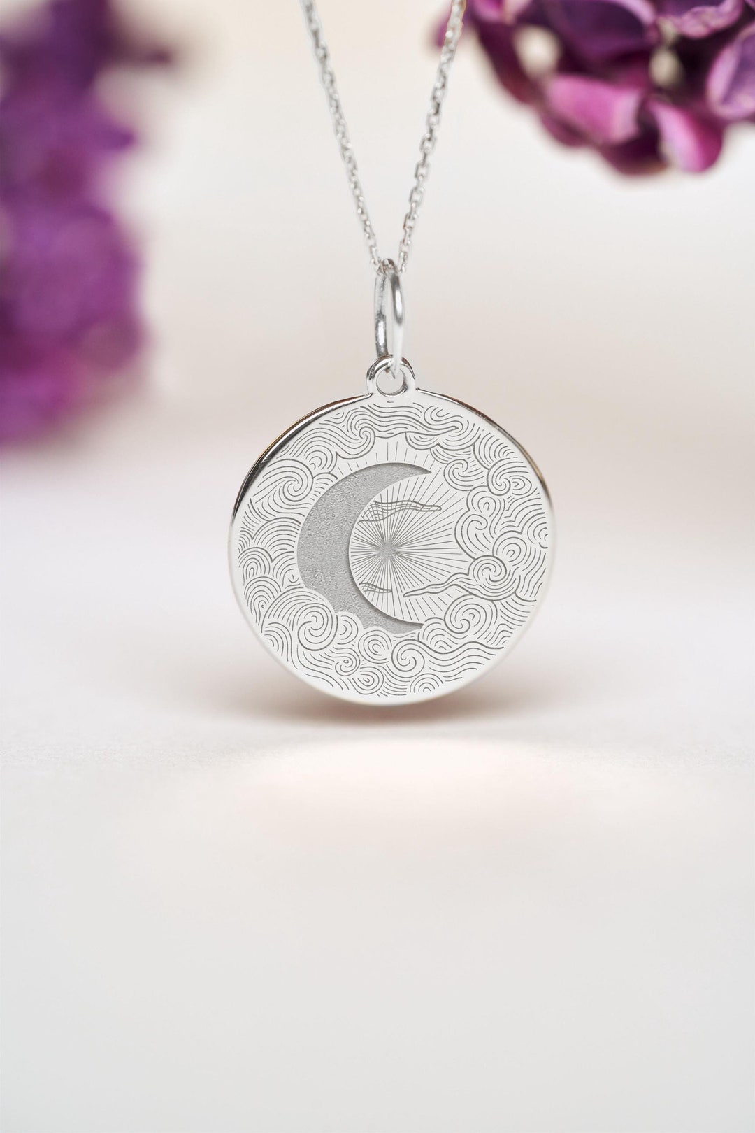 Sterling Silver Crescent Moon Pendant • Personalized Celestial Necklace ...