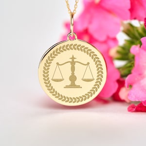 Scale of Justice 14k Solid Gold  Necklace • Law Graduation Gift • Personalized Scale of Justice Charm
