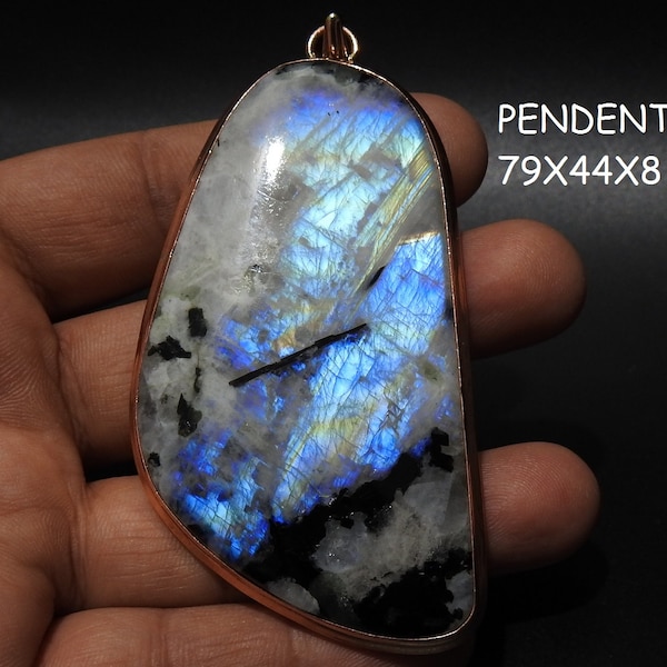 Pendentif en cuivre multi-feu de forme lisse arc-en-ciel blanc avec pierre de lune/cadeau pour lui/bijoux à la mode/unique en son genre/100% naturel CAB-7