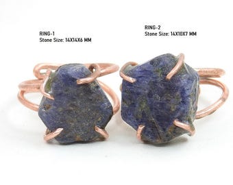 Zafiro azul - Cristal natural en bruto - Anillo de cobre con alambre envuelto - Regalo para ella - Joyería de moda - Pieza única - R18