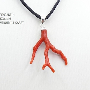 Könnte beinhalten: Ein roter, astförmiger Korallenanhänger an einer schwarzen Kordelkette. Der Anhänger hat eine silberfarbene Metallöse. Der Text auf dem Bild lautet PENDANT-H, 37x4 mm und WEIGHT: 11.9 CARAT. Die Koralle hat eine strukturierte Oberfläche mit drei Ästen.