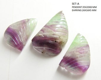 Fluorite Carving 3 Piece Set Fancy Shape Cabochon/Loose Fluorite Carving Gemstone/Handmade For Making Jewelry/Pendent MSG-CAB-11
