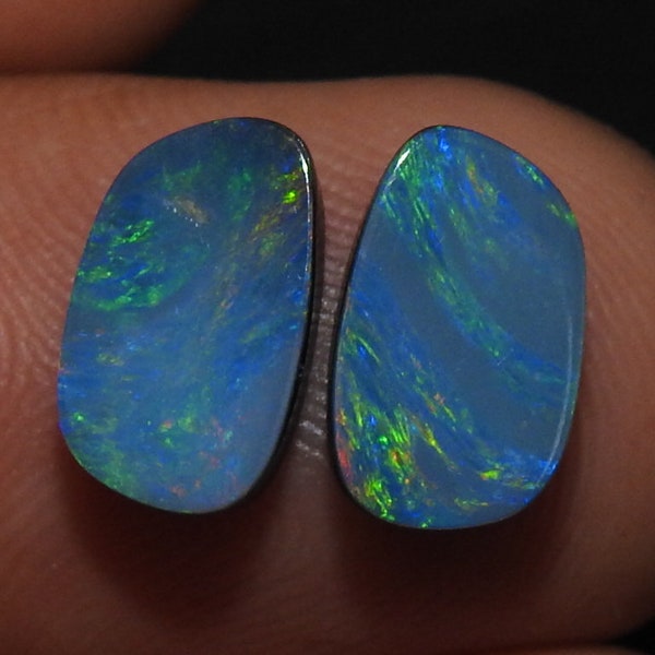 Australian Opal Doublet Smooth Multi Fire Cabochon Matched Pair/11X7X4MM/Natural Stone/MS