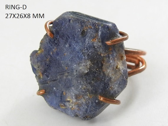 Blue Sapphire Natural Crystal Rough Wire Wrapping Copper Ring/gift