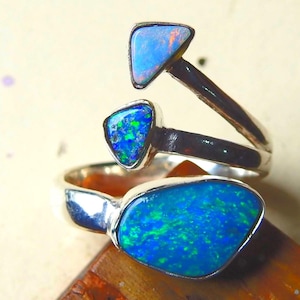 Australian Opal Ring Adjustable 925 Sterling Silver with three Stones Size October Birthstone Opal Doublets Handmade Jewelry Gift For Her