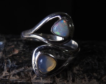 Australian Opal Ring Multi Fire Stone 925 Sterling Silver Jewelry Adjustable Size Gift For Her Handmade Jewelry One Of A Kind MS