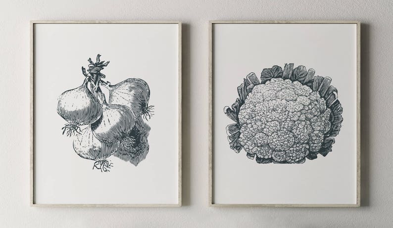 May include: Two black and white illustrations of vegetables. The first illustration shows a bunch of onions. The second illustration shows a head of cauliflower.