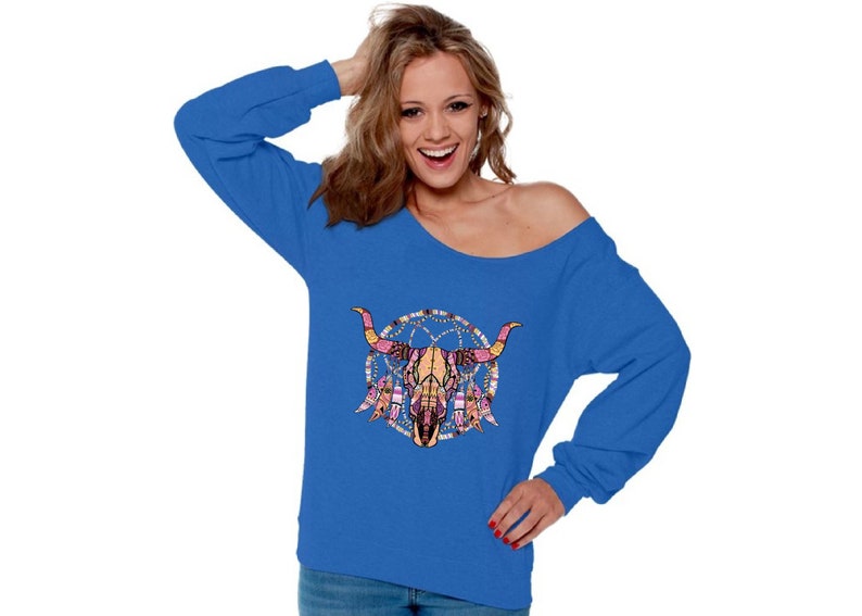 Mosaic Cow Skull Dia De Los Muertos Women/'s Skull Off Shoulder Sweatshirt