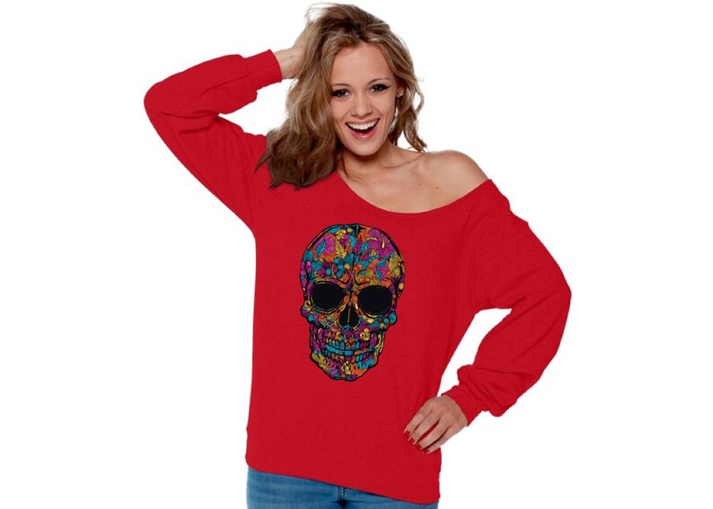 Skull Off Shoulder Sweatshirts for Women Sugar Skull Off Shoulder Oversized Sweatshirt Floral Skull Black Skull Flowers Day of Dead