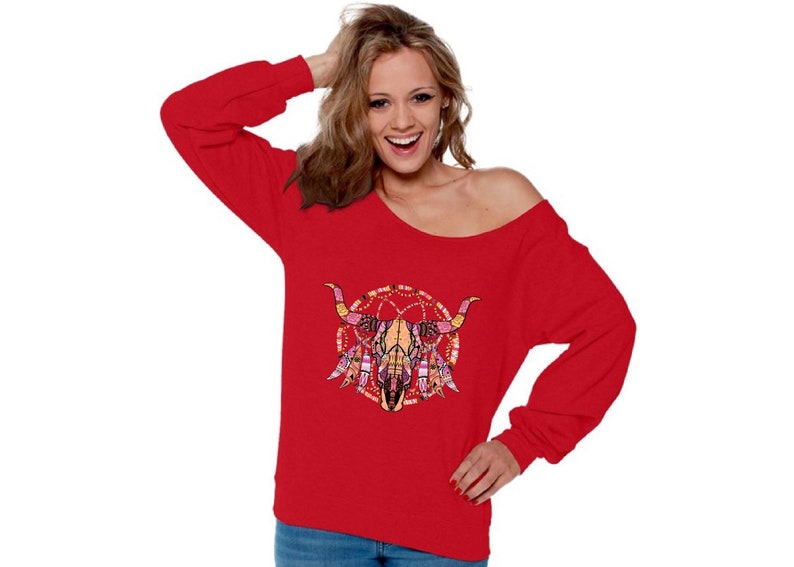Mosaic Cow Skull Dia De Los Muertos Women/'s Skull Off Shoulder Sweatshirt