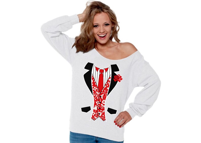Ugly Christmas Sweatshirt Off Shoulder Christmas Tuxedo Sweater Party Outfit.