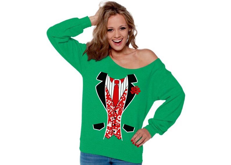 Ugly Christmas Sweatshirt Off Shoulder Christmas Tuxedo Sweater Party Outfit.