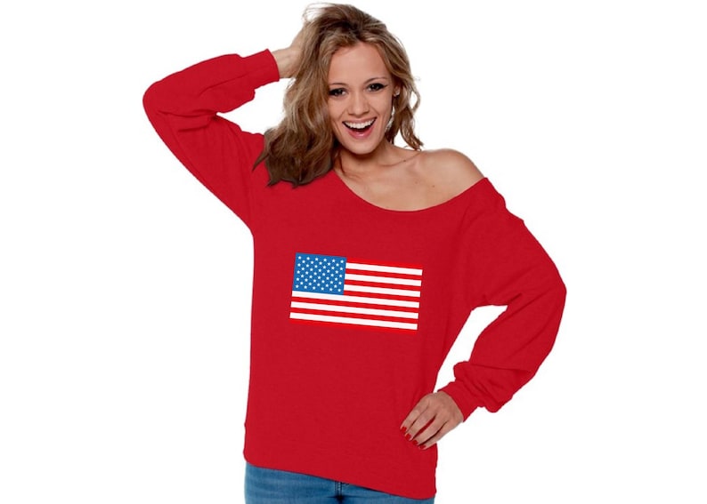 USA Flag Off the Shoulder Shirt for Women Off Shoulder Oversized Sweatshirt American Flag Patriotic 4th of July Gift Stars and Stripes