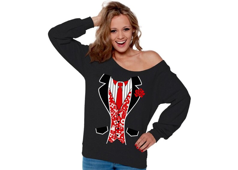 Ugly Christmas Sweatshirt Off Shoulder Christmas Tuxedo Sweater Party Outfit.