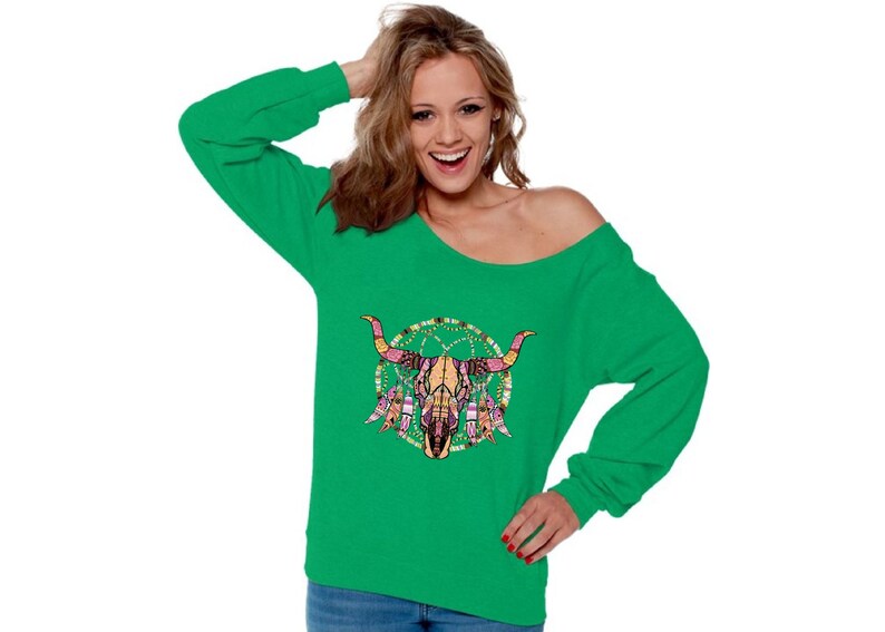 Mosaic Cow Skull Dia De Los Muertos Women/'s Skull Off Shoulder Sweatshirt