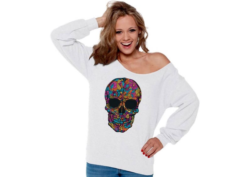 Skull Off Shoulder Sweatshirts for Women Sugar Skull Off Shoulder Oversized Sweatshirt Floral Skull Black Skull Flowers Day of Dead