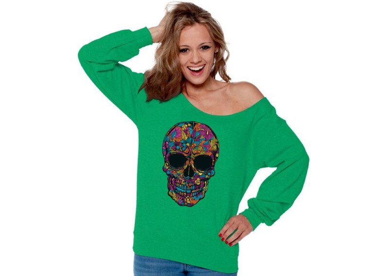 Skull Off Shoulder Sweatshirts for Women Sugar Skull Off Shoulder Oversized Sweatshirt Floral Skull Black Skull Flowers Day of Dead
