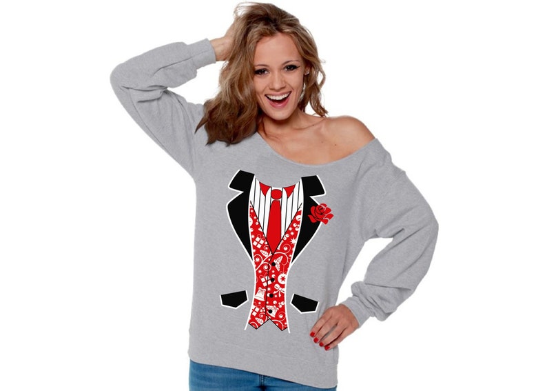 Ugly Christmas Sweatshirt Off Shoulder Christmas Tuxedo Sweater Party Outfit.