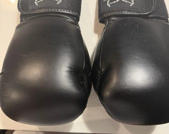 Op de afbeelding: Een paar zwarte bokshandschoenen met een gladde, matte afwerking en een klittenbandsluiting bij de pols. Elke handschoen heeft een rechthoekige patch met de tekst "ilovekickboxing.com" en een rood hartje boven de merknaam.