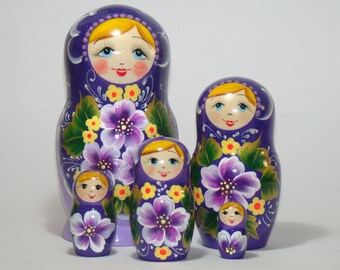 Russian nesting dolls, 5.9" purple flowers, nesting dolls for kids, matryoshka doll, gift for mom, russian toys, matryoshka babushka