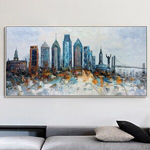 Framed wall art skyline of Philadelphia oil painting on canvas original skyline abstract painting Palette knife heavy texture Large wall art