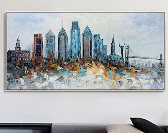 Framed wall art skyline of Philadelphia oil painting on canvas original skyline abstract painting Palette knife heavy texture Large wall art