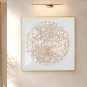 3D Capiz schelpen wandkunst wit & goud, oversized vierkante ingelijste wanddecoratie voor woonkamer, gepersonaliseerd cadeau