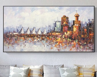 Vancouver Canada skyline oil paintings on canvas original art Cityscape Palette knife heavy texture painting wall pictures framed walll art