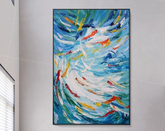 Framed wall art Abstract fishes blue ocean sea acrylic painting on canvas art texture painting original art Large wall art palette knife